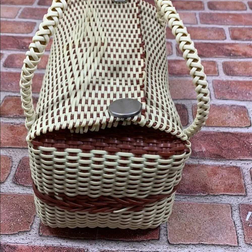Elegant Cream and Brown Woven Tote with Curved Handles